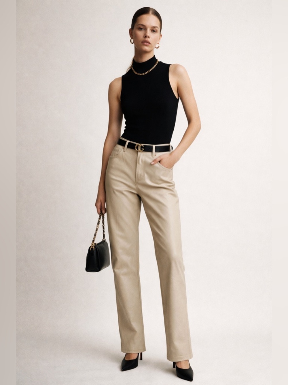 Zara Beige Faux Leather Mom Fit Pants Women’s 4